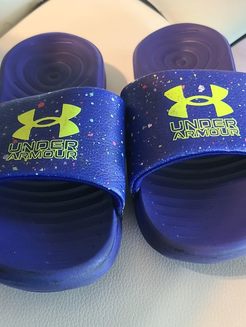 Under Armour Kids Blue-Purple Slide Sandals with Neon Yellow Logo